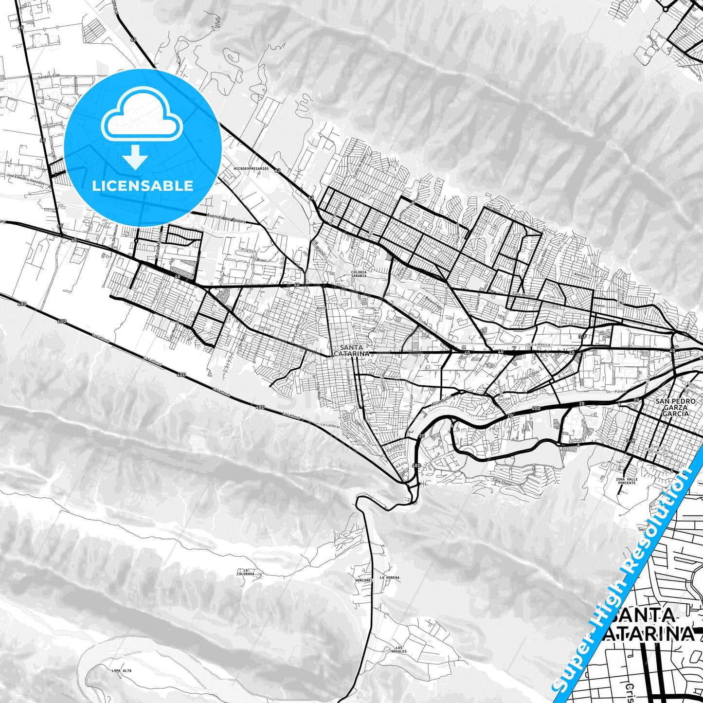 Santa Catarina, Mexico Light Map with Street Names, City Names, and Districts