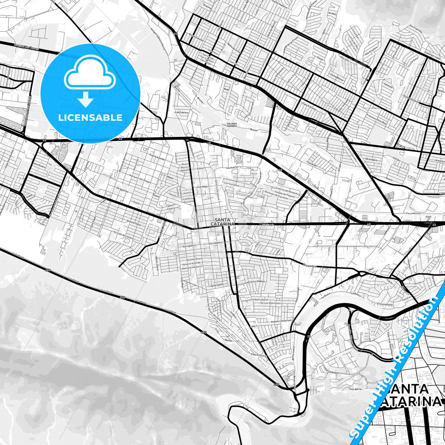 Santa Catarina, Mexico Light Map with Street Names, City Names, and Districts