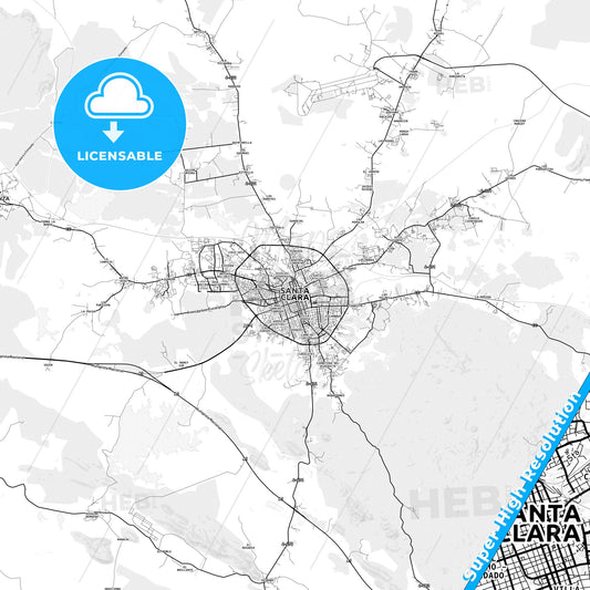 Santa Clara, Cuba light map with streetnames, citynames and districts