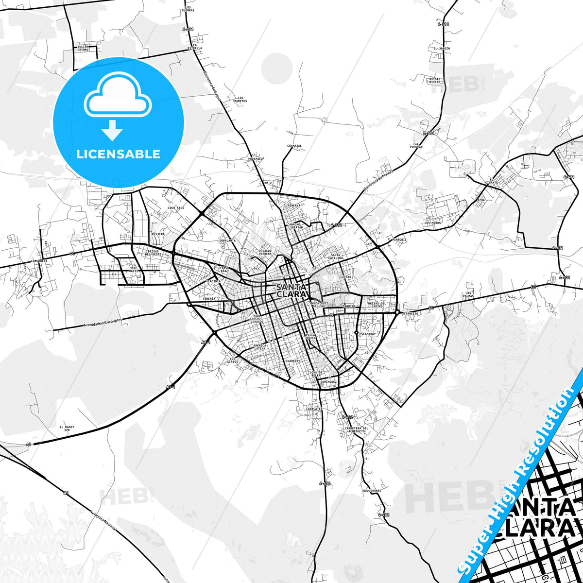 Santa Clara, Cuba Light Map with Street Names, City Names, and Districts