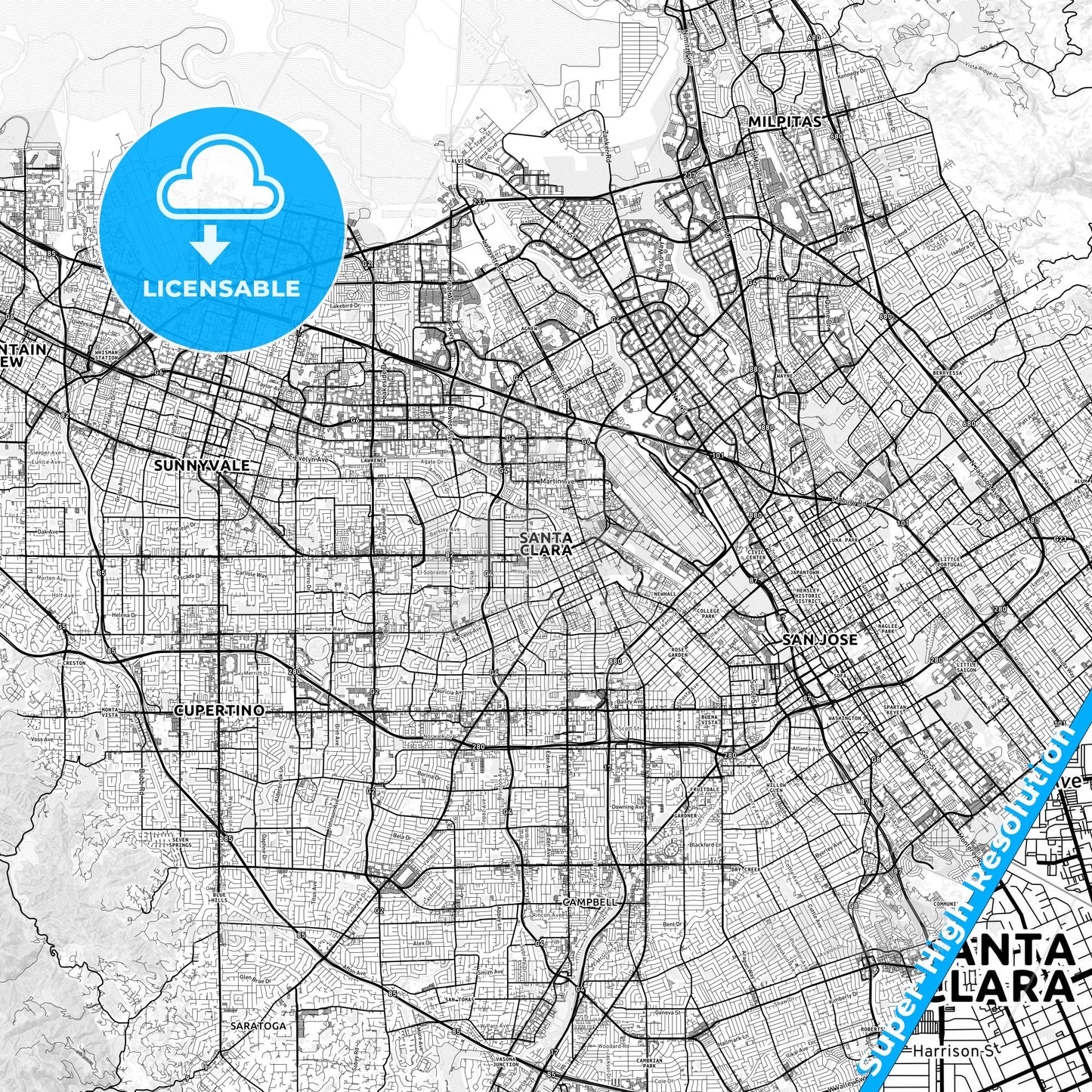 Santa Clara, California light map with streetnames, citynames and districts