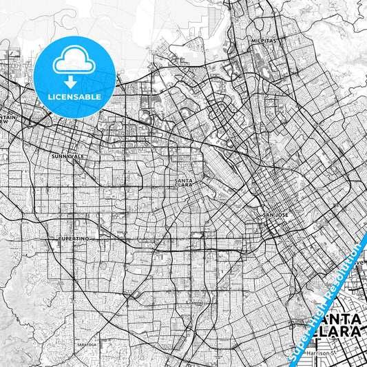 Santa Clara, California light map with streetnames, citynames and districts
