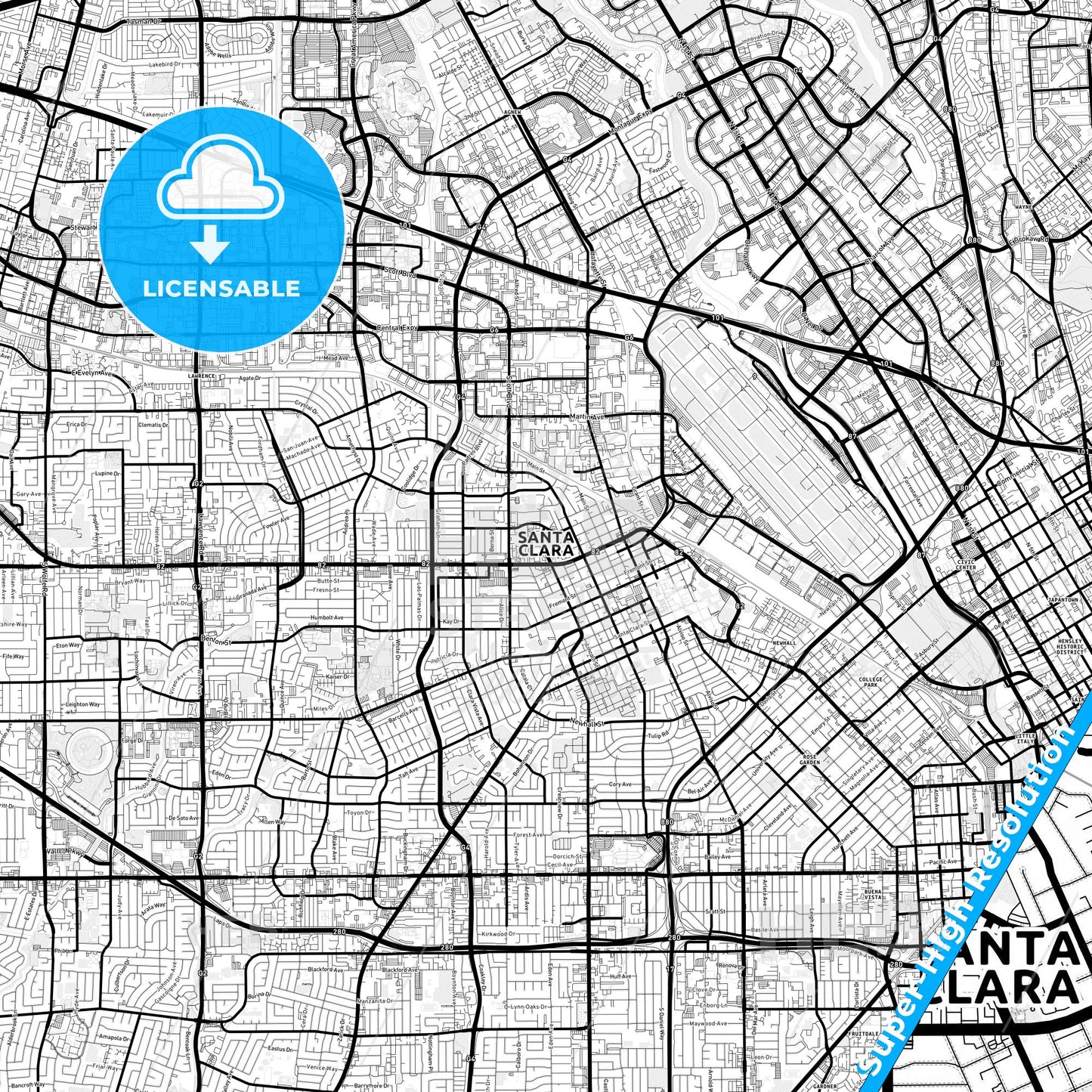 Santa Clara, California Light Map with Street Names, City Names, and Districts