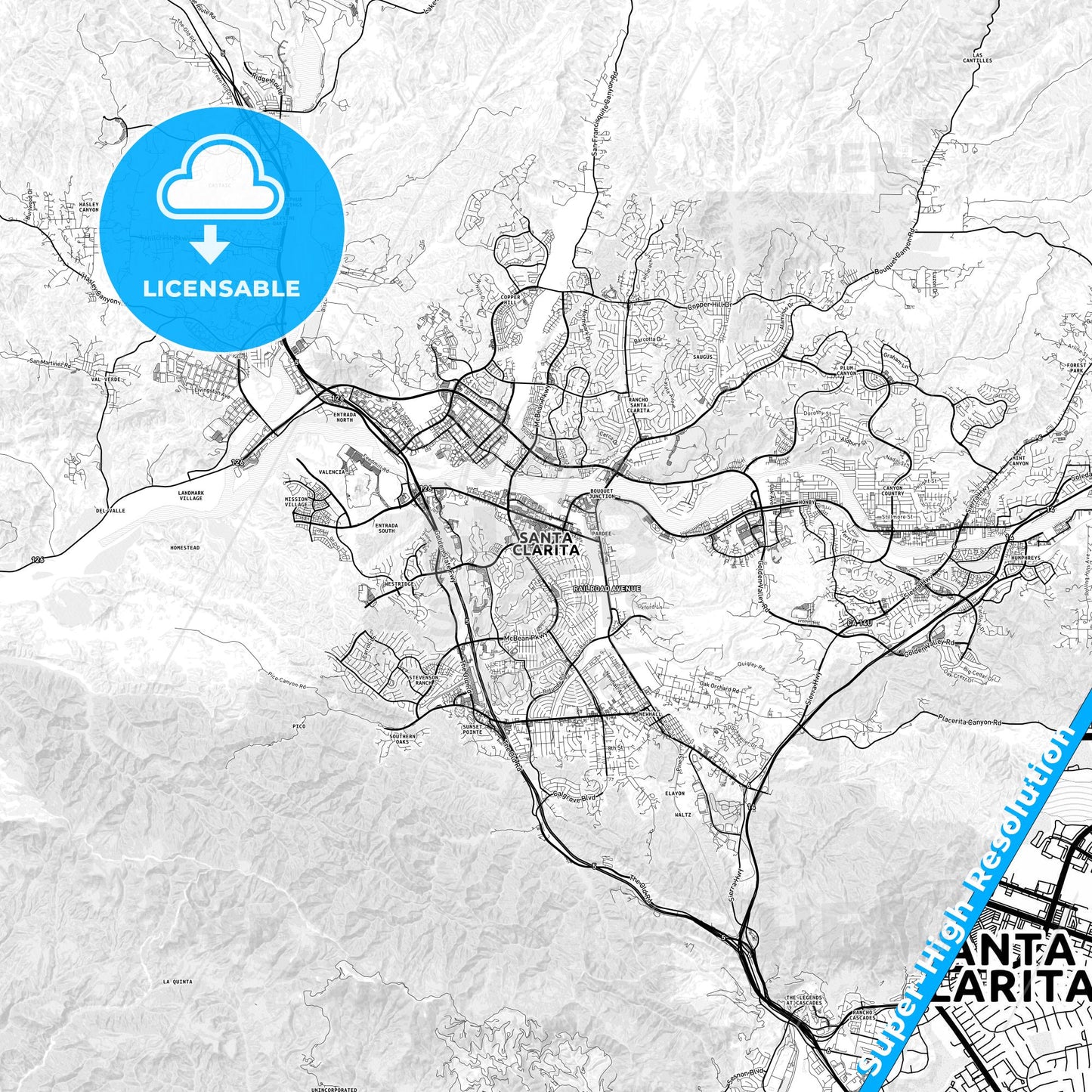 Santa Clarita, California light map with streetnames, citynames and districts
