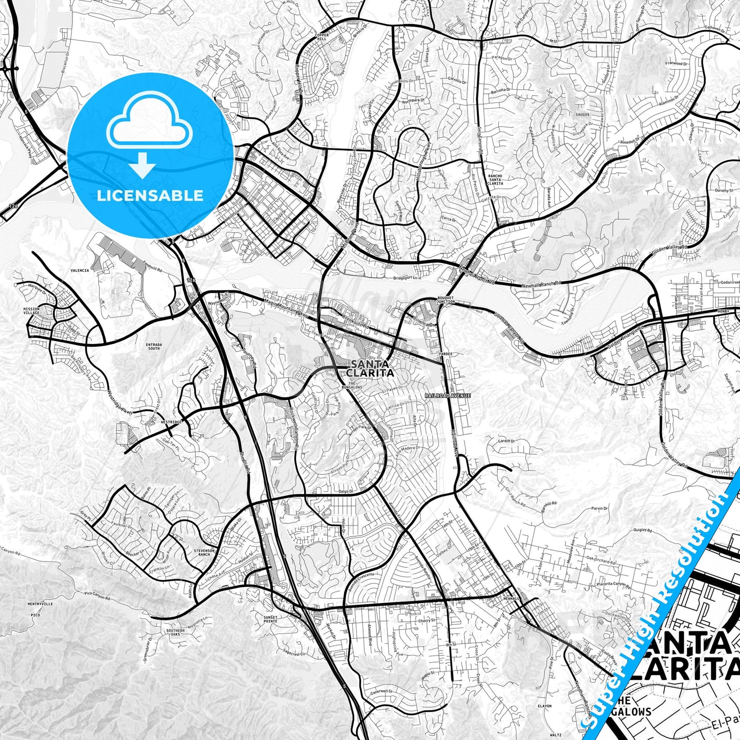 Santa Clarita, California Light Map with Street Names, City Names, and Districts