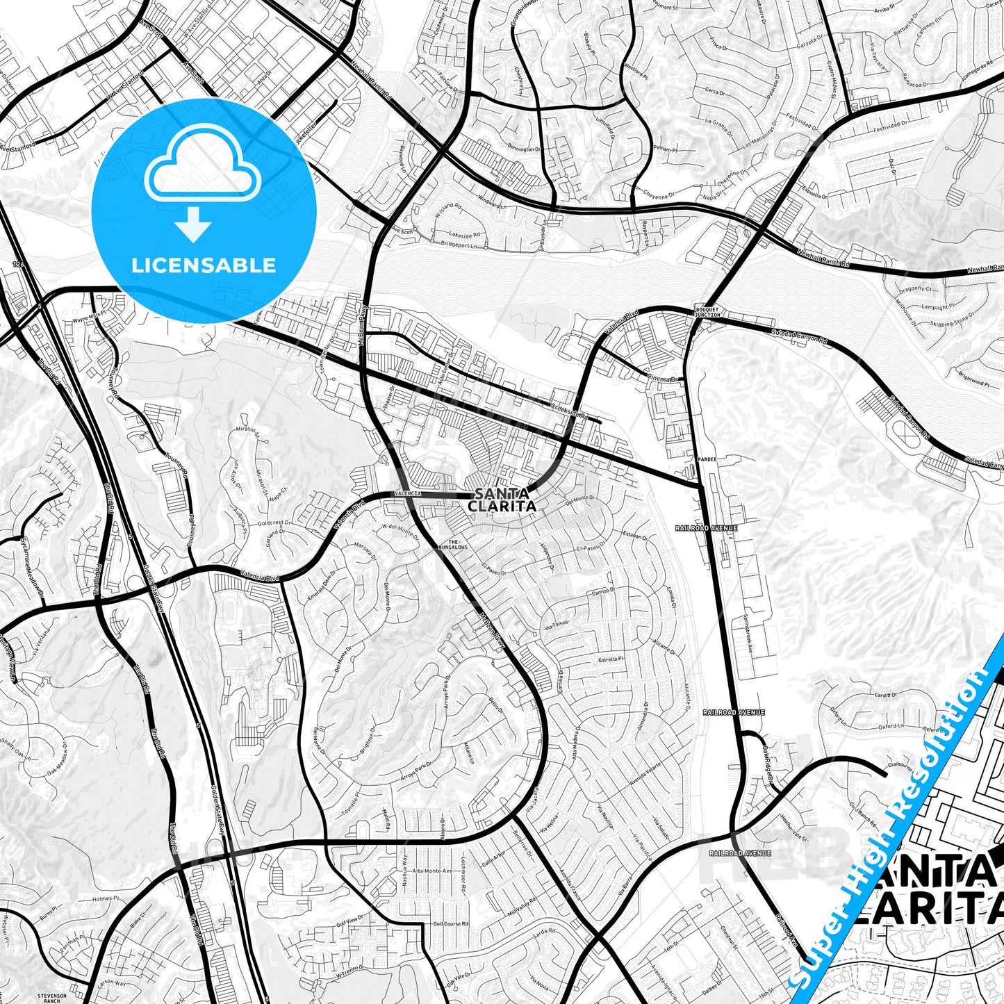 Santa Clarita, California Light Map with Street Names, City Names, and Districts
