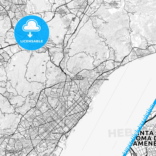 Santa Coloma de Gramenet, Spain light map with streetnames, citynames and districts