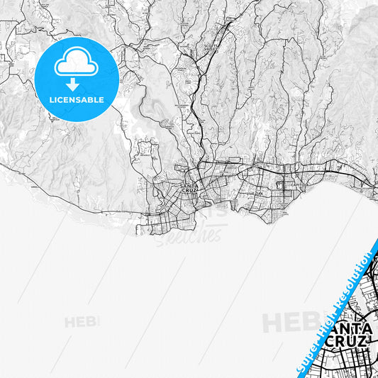 Santa Cruz, California light map with streetnames, citynames and districts
