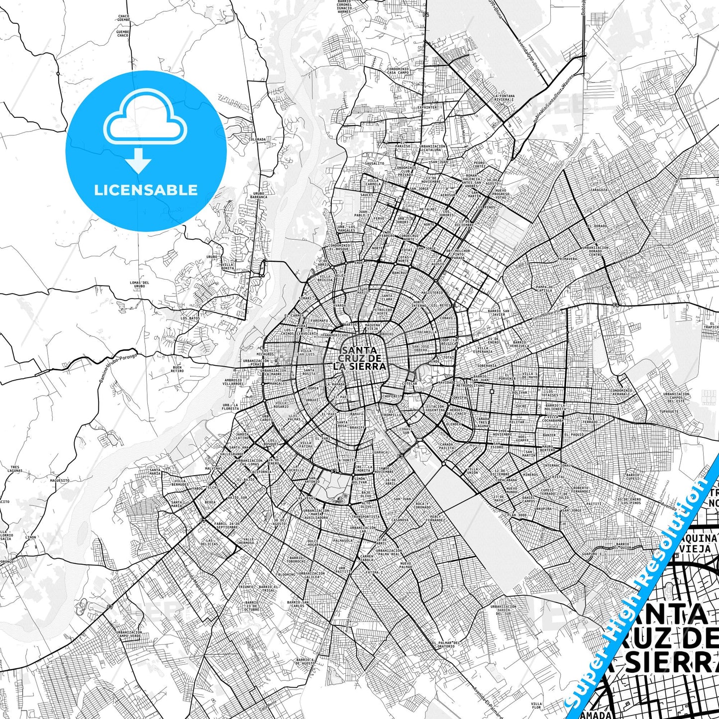 Santa Cruz de la Sierra, Bolivia light map with streetnames, citynames and districts