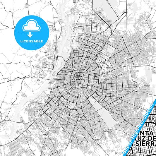 Santa Cruz de la Sierra, Bolivia light map with streetnames, citynames and districts