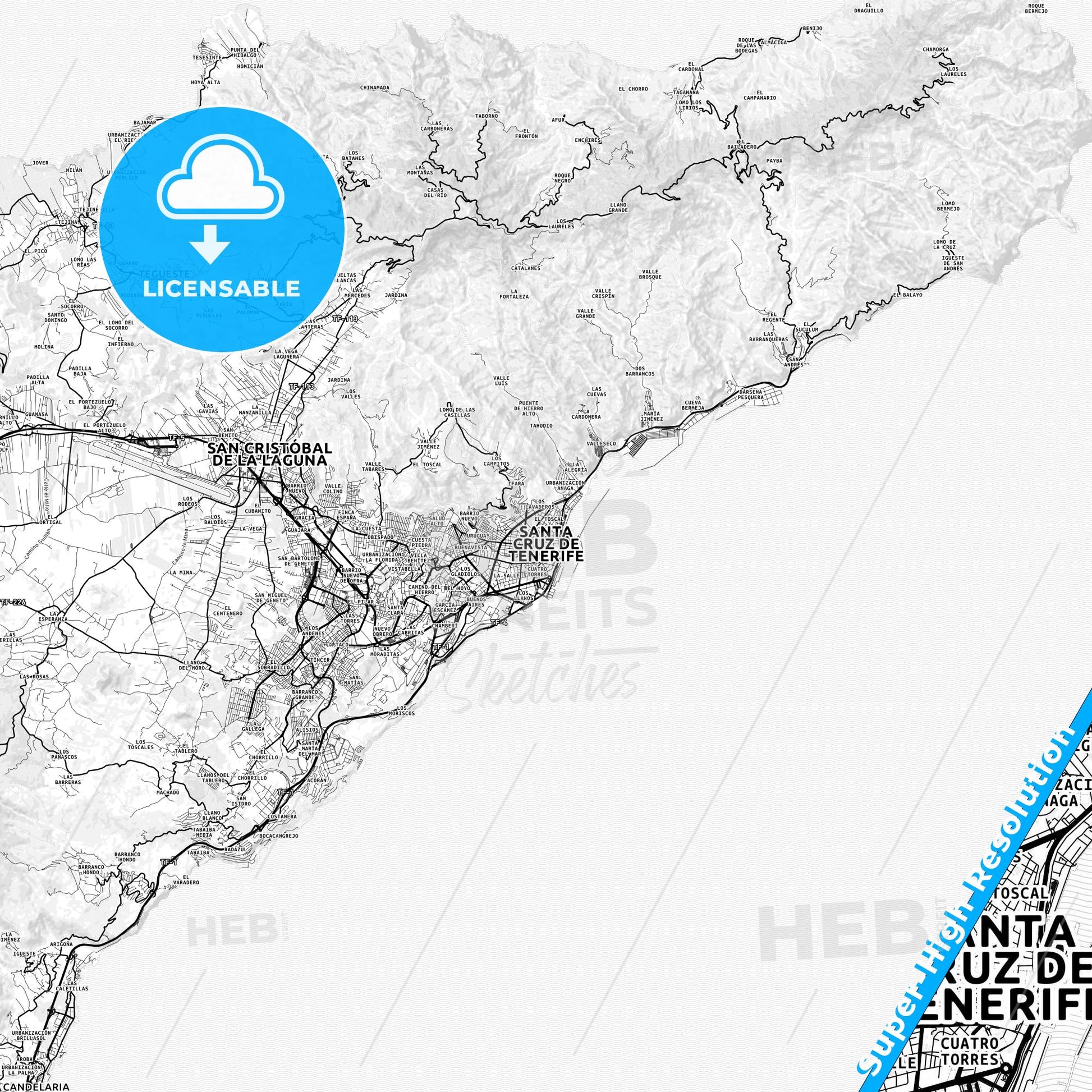 Santa Cruz de Tenerife, Spain light map with streetnames, citynames and districts