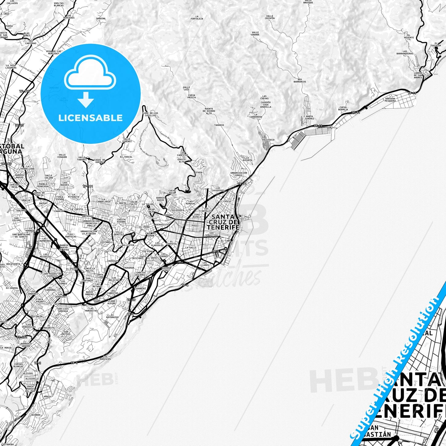 Santa Cruz de Tenerife, Spain Light Map with Street Names, City Names, and Districts