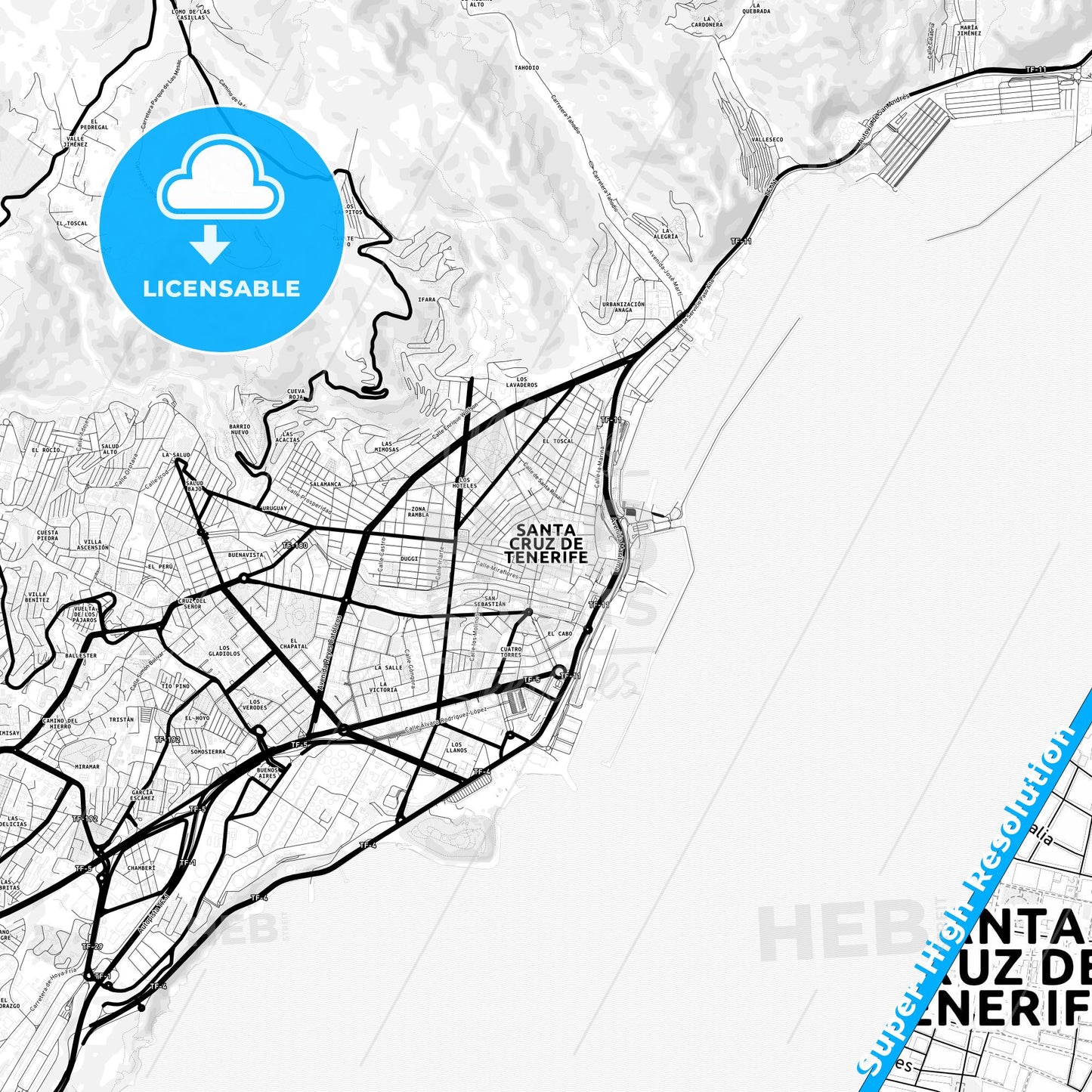 Santa Cruz de Tenerife, Spain Light Map with Street Names, City Names, and Districts