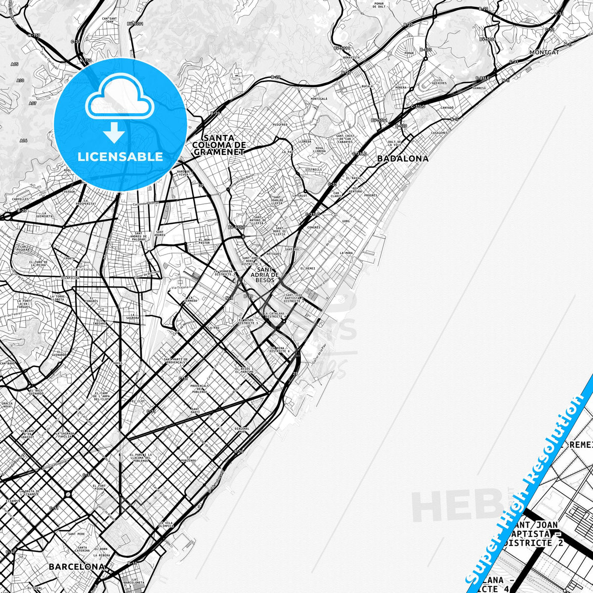 Sant Adrià de Besòs, Spain Light Map with Street Names, City Names, and Districts