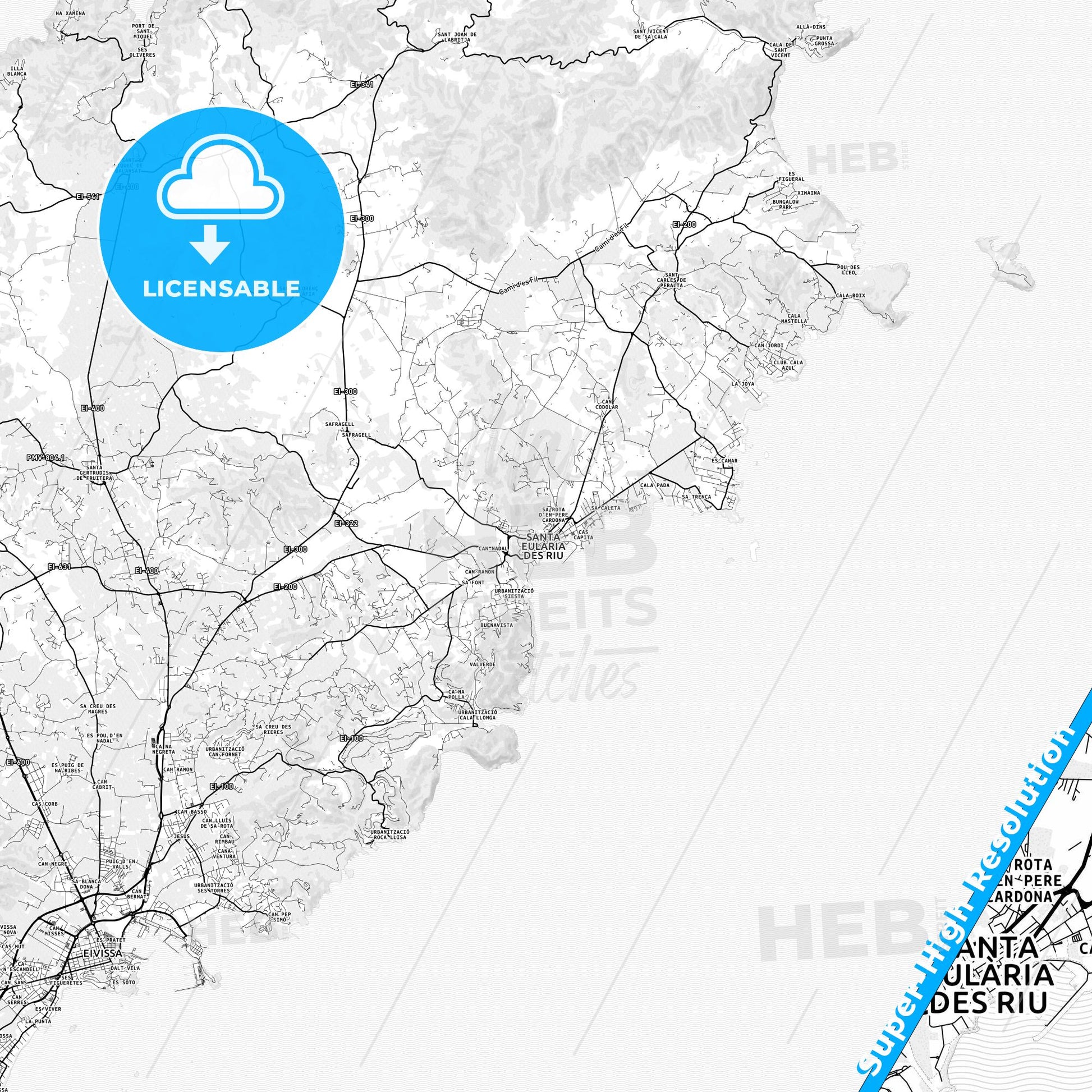 Santa Eulària des Riu, Spain light map with streetnames, citynames and districts