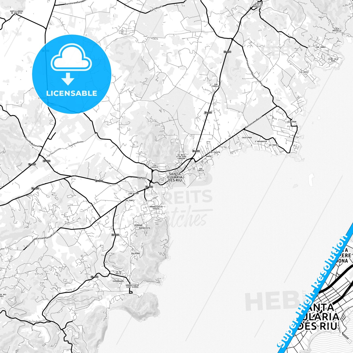 Santa Eulària des Riu, Spain Light Map with Street Names, City Names, and Districts