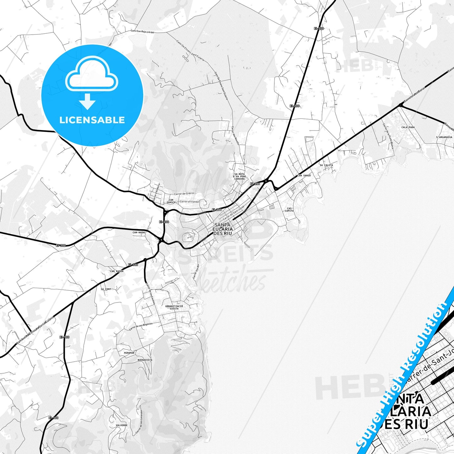 Santa Eulària des Riu, Spain Light Map with Street Names, City Names, and Districts