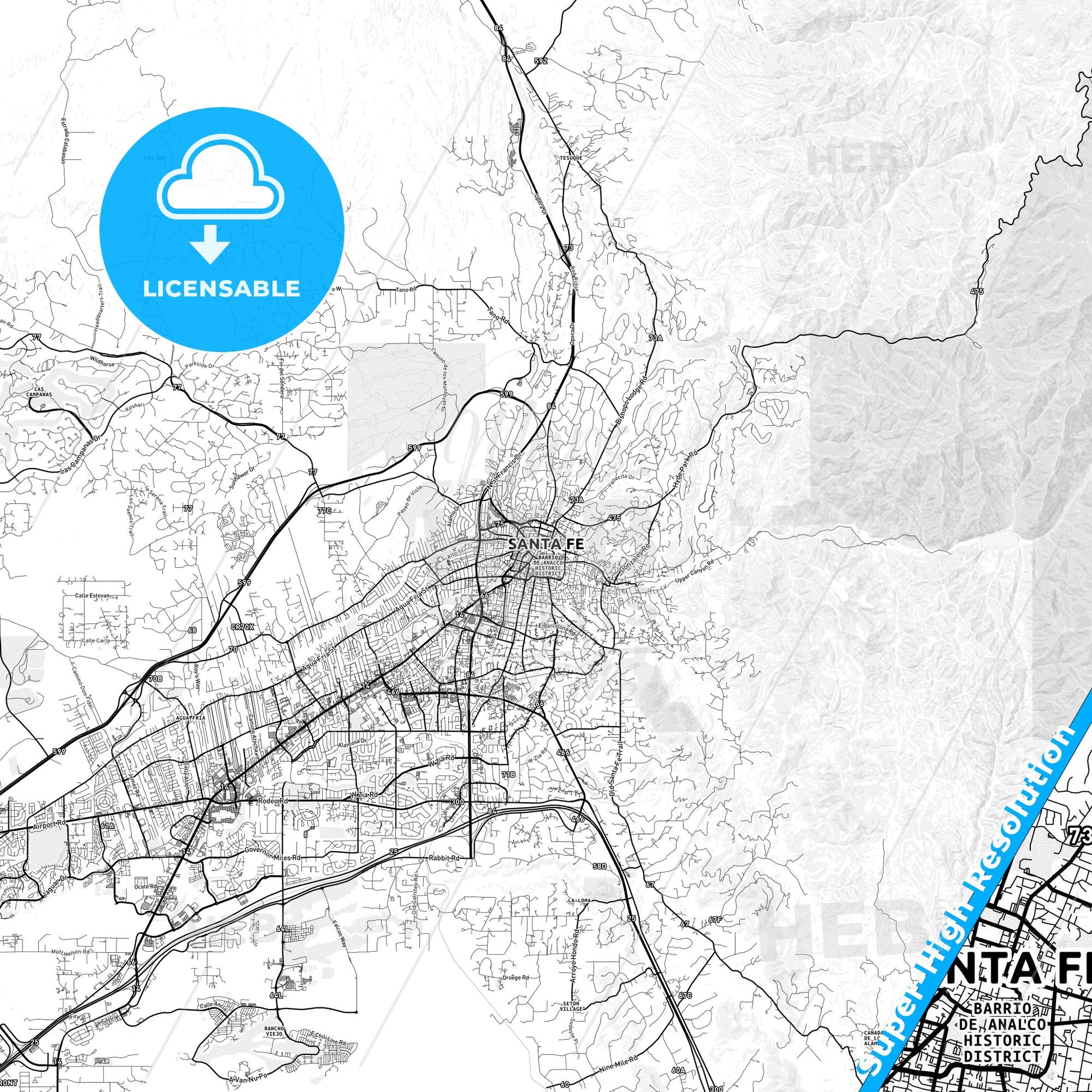 Santa Fe, New Mexico light map with streetnames, citynames and districts