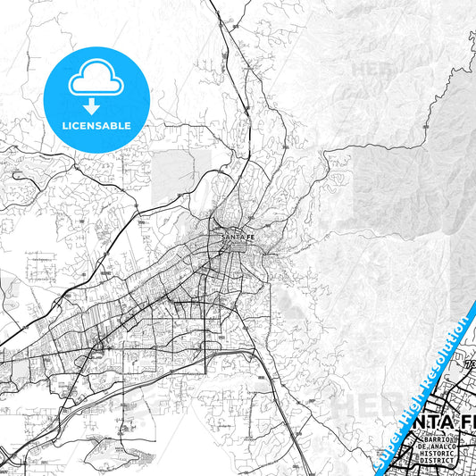 Santa Fe, New Mexico light map with streetnames, citynames and districts