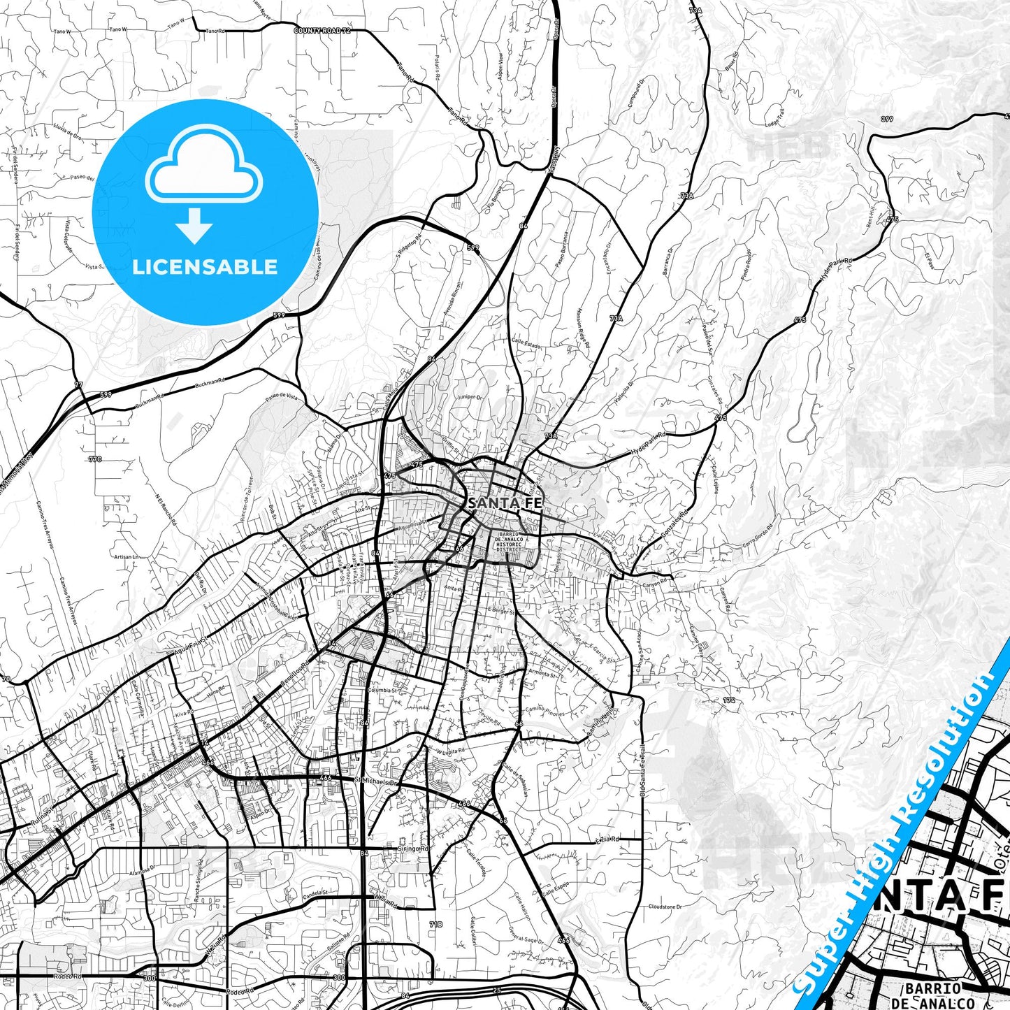 Santa Fe, New Mexico Light Map with Street Names, City Names, and Districts