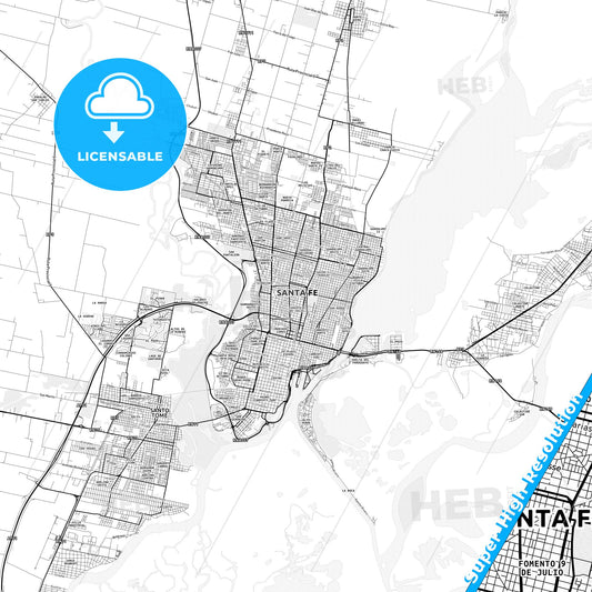Santa Fe de la Vera Cruz, Argentina light map with streetnames, citynames and districts