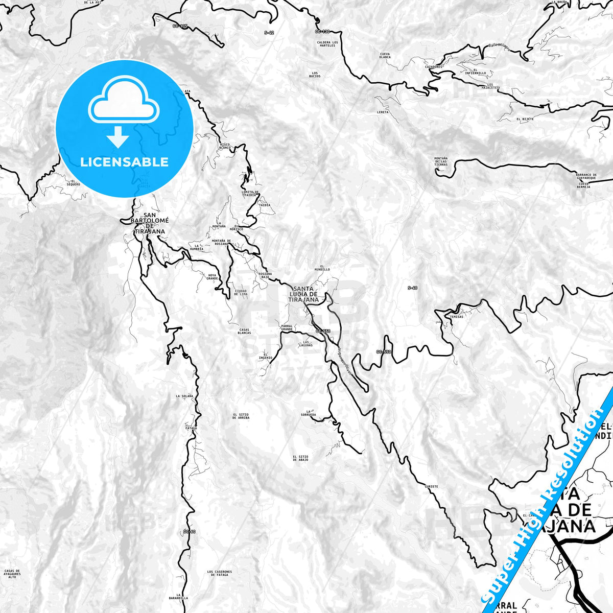 Santa Lucía, Spain Light Map with Street Names, City Names, and Districts