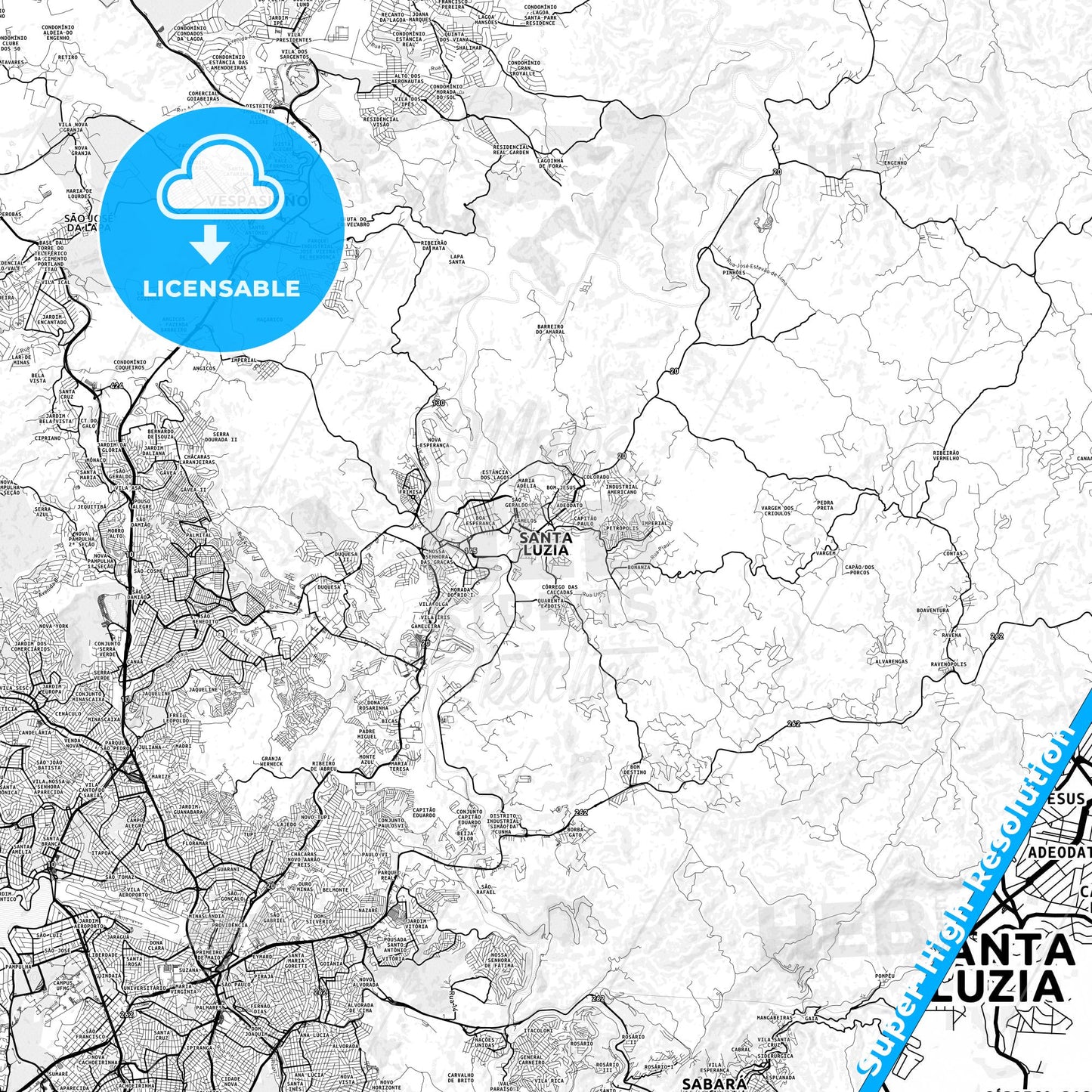 Santa Luzia, Brazil light map with streetnames, citynames and districts