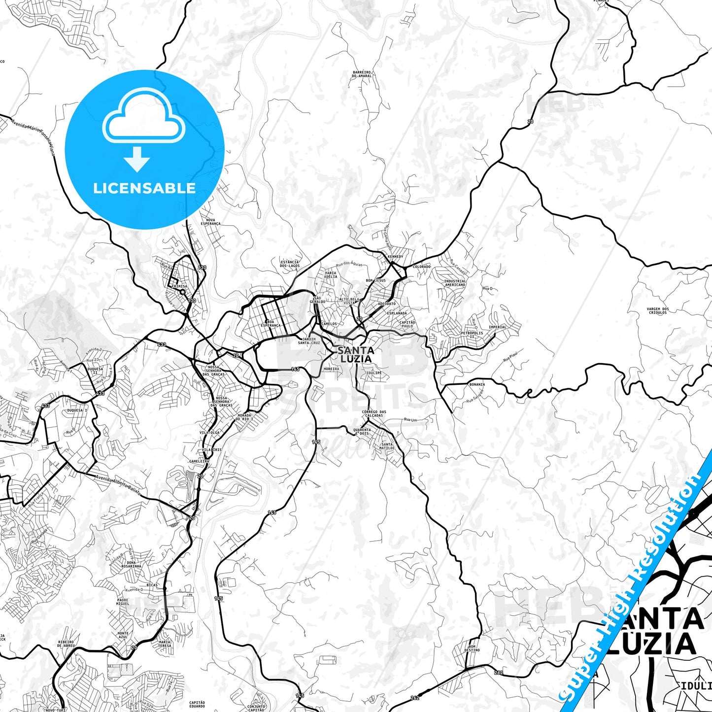 Santa Luzia, Brazil Light Map with Street Names, City Names, and Districts