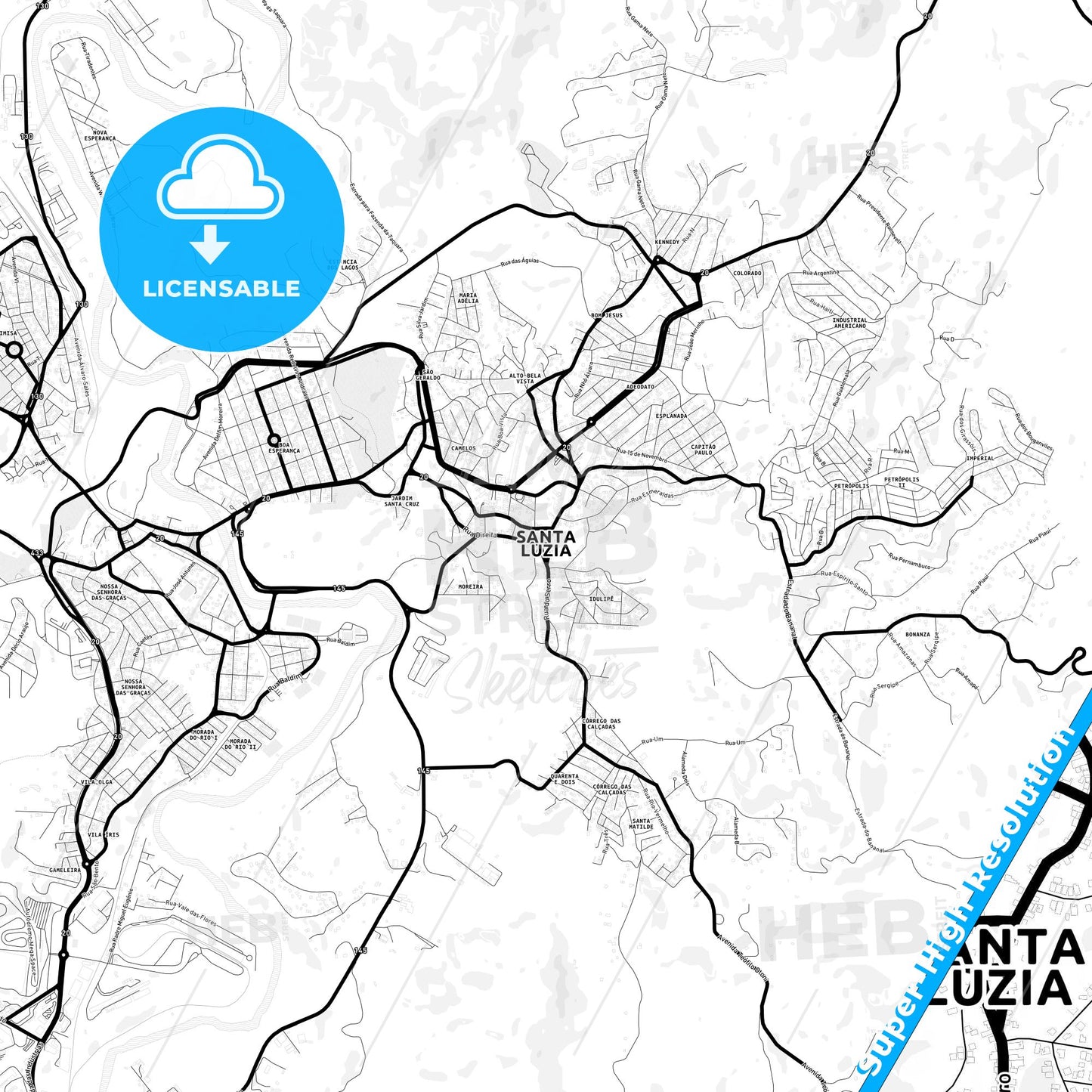 Santa Luzia, Brazil Light Map with Street Names, City Names, and Districts