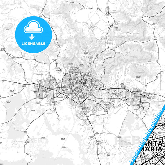 Santa Maria, Brazil light map with streetnames, citynames and districts