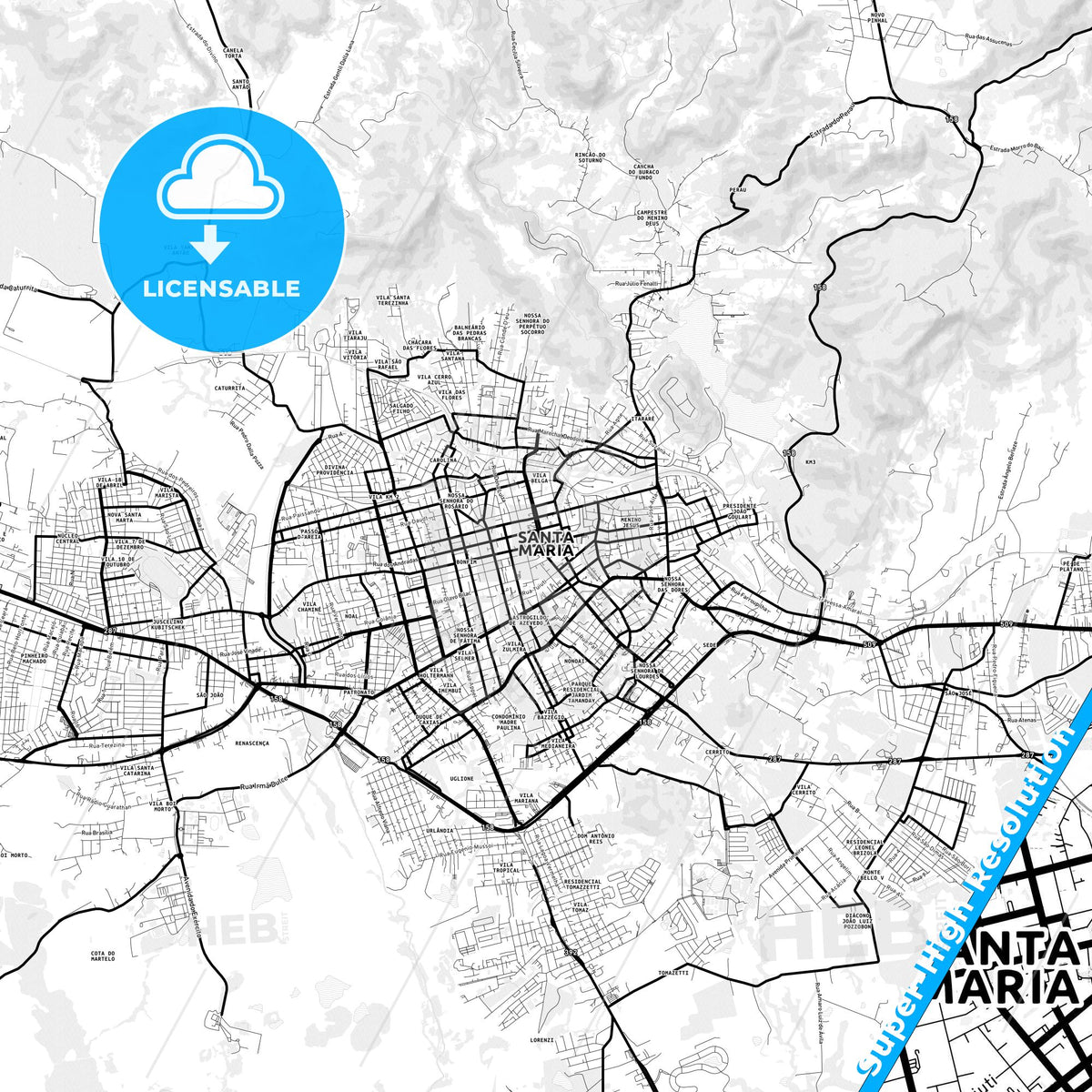 Santa Maria, Brazil Light Map with Street Names, City Names, and Districts