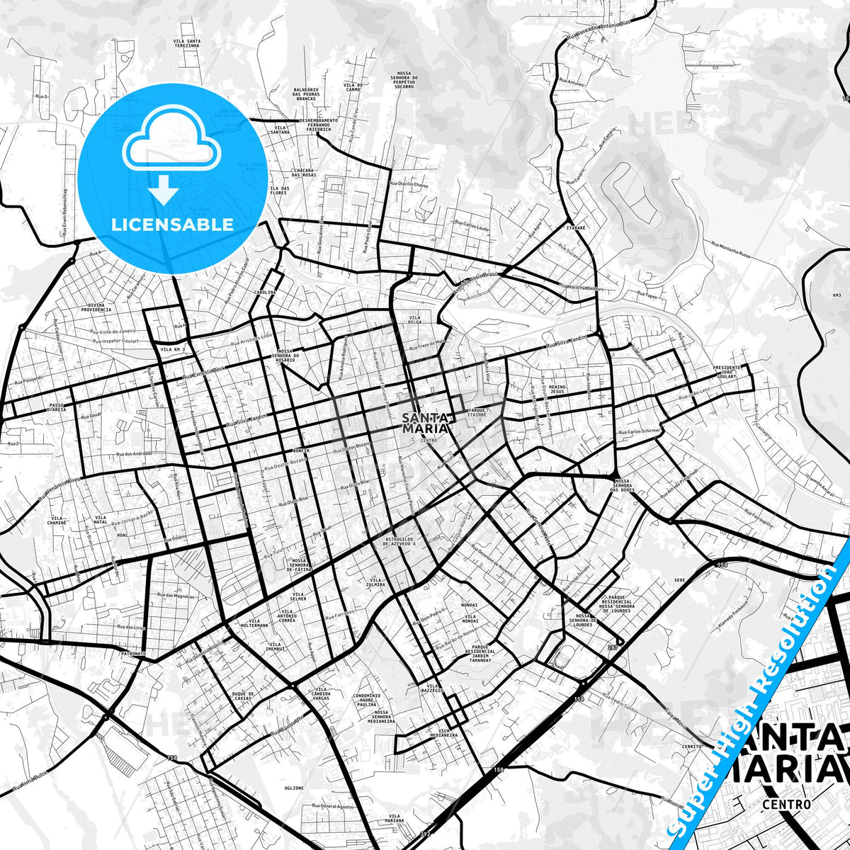 Santa Maria, Brazil Light Map with Street Names, City Names, and Districts