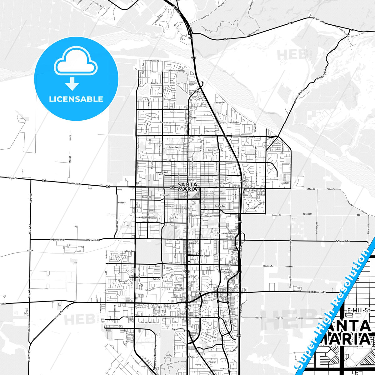 Santa Maria, California Light Map with Street Names, City Names, and Districts