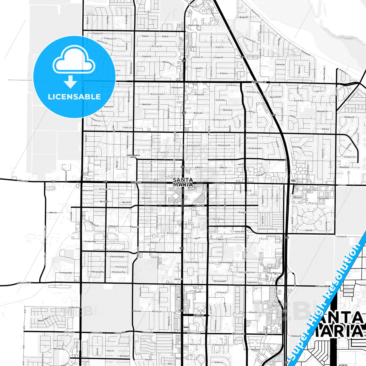 Santa Maria, California Light Map with Street Names, City Names, and Districts