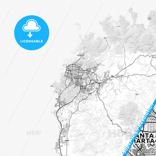 Santa Marta, Colombia light map with streetnames, citynames and districts
