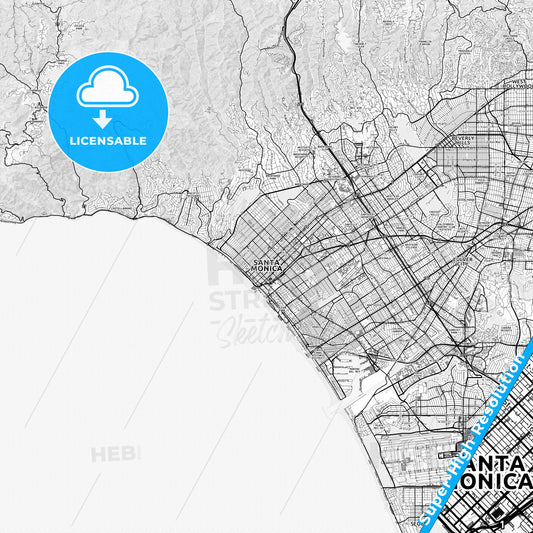 Santa Monica, California light map with streetnames, citynames and districts