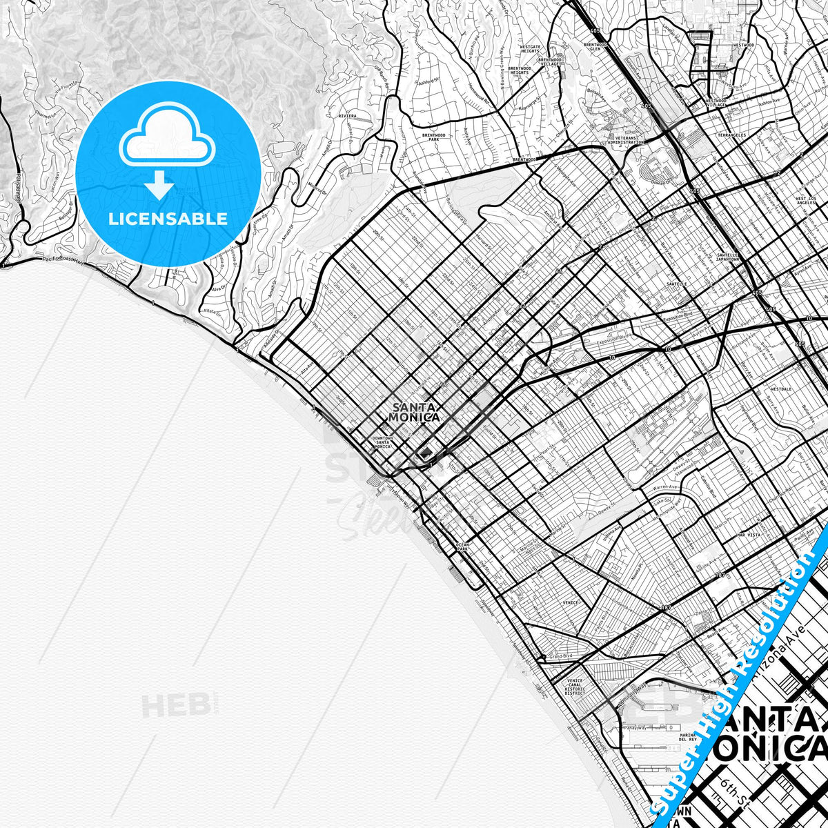 Santa Monica, California Light Map with Street Names, City Names, and Districts