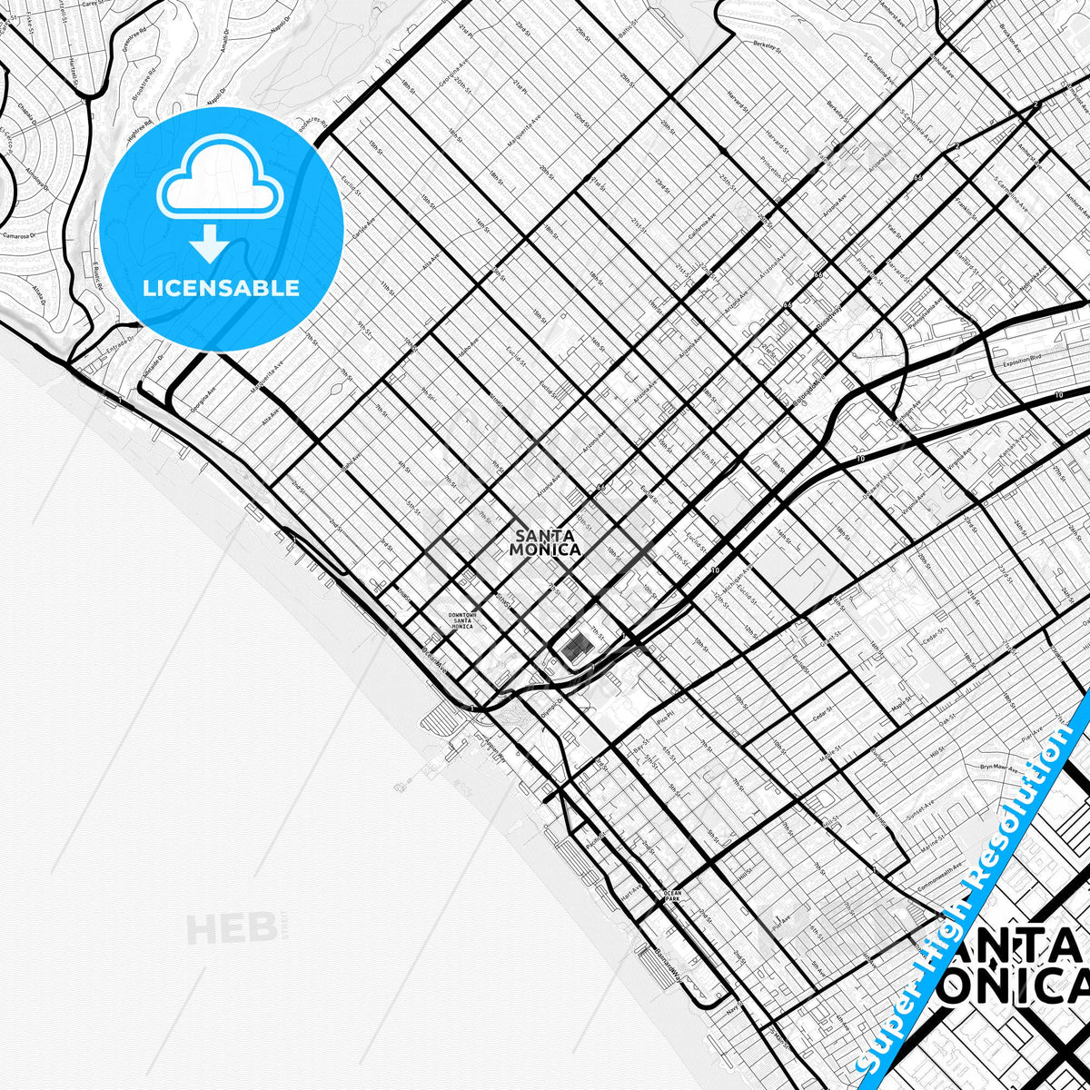 Santa Monica, California Light Map with Street Names, City Names, and Districts