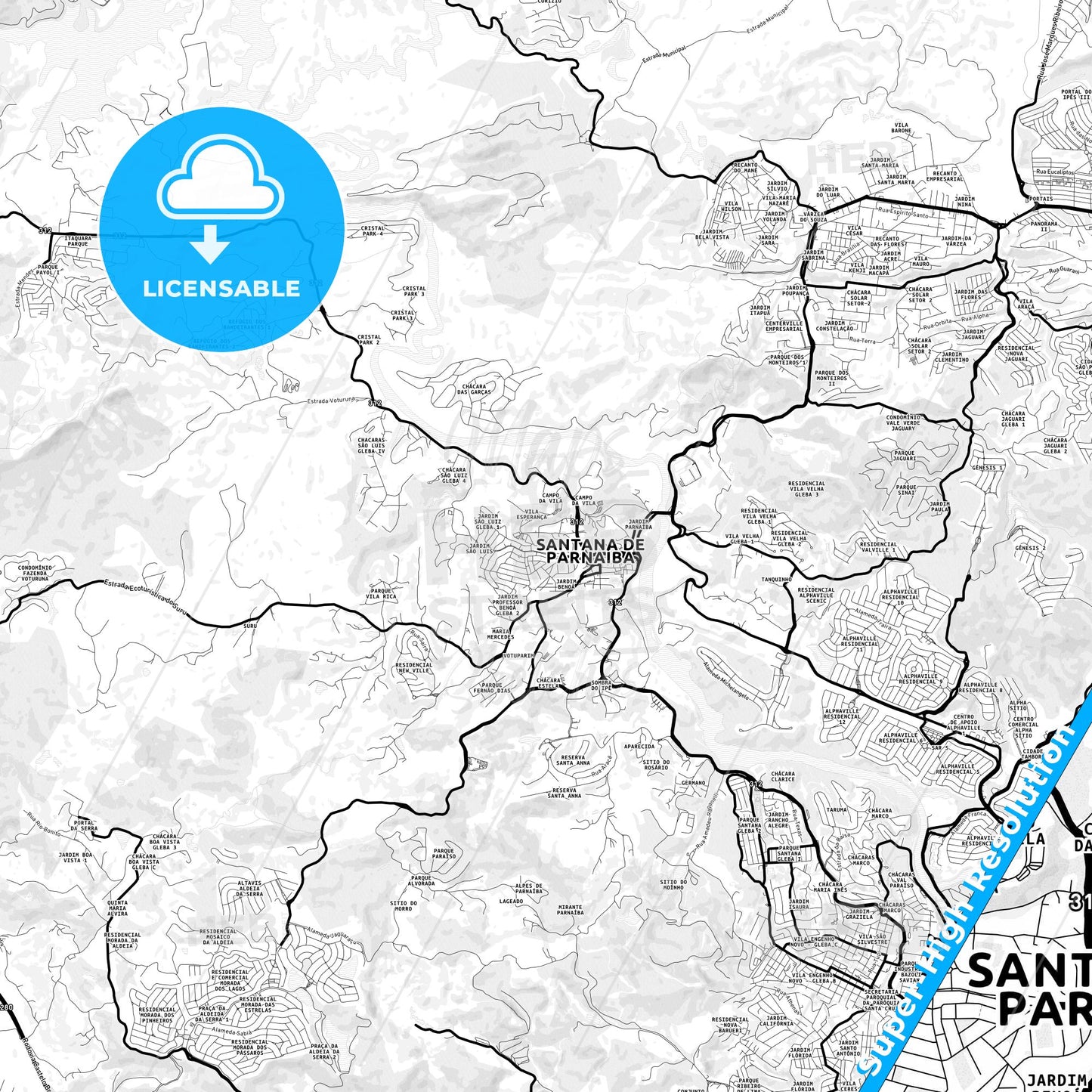 Santana de Parnaiba, Brazil Light Map with Street Names, City Names, and Districts