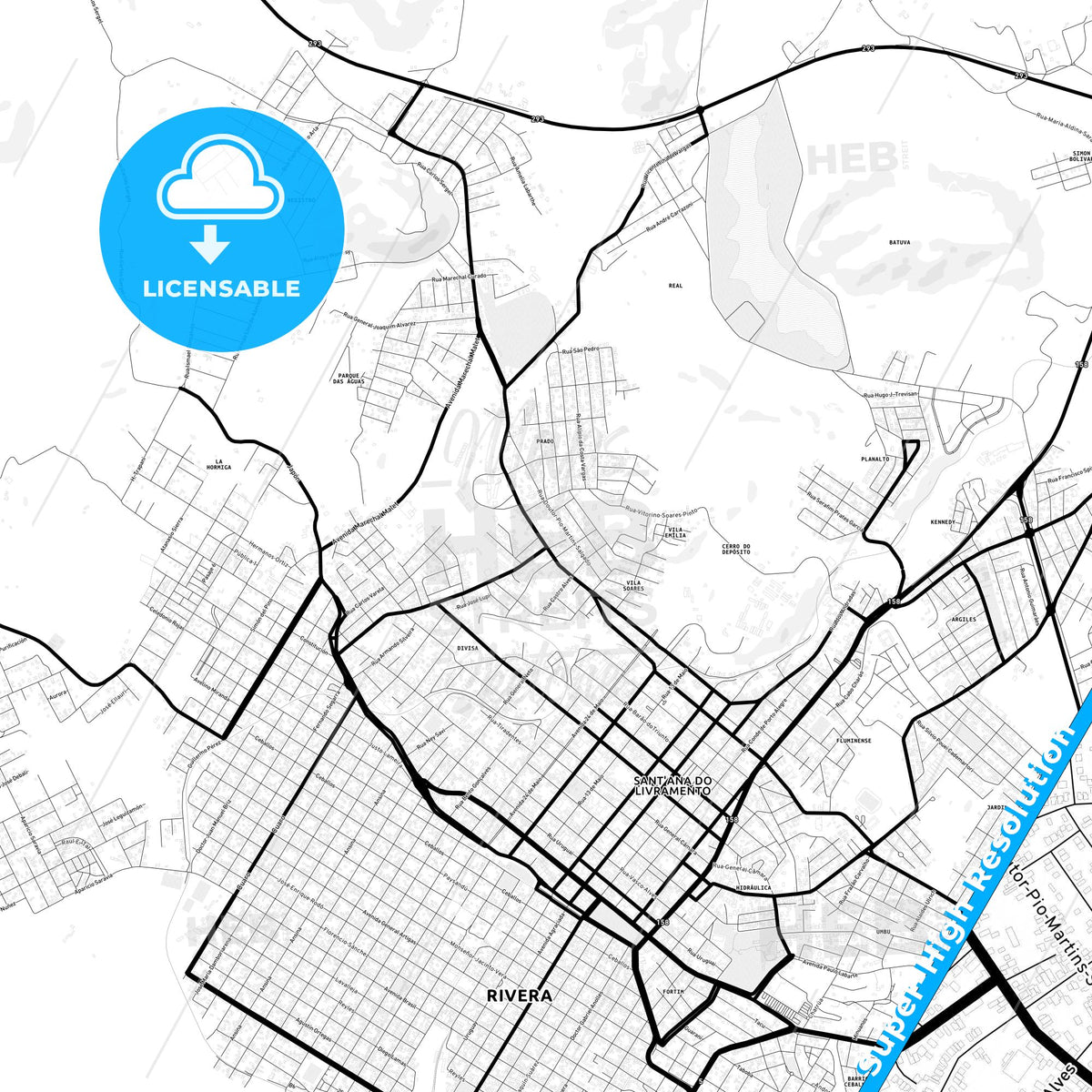 Santana do Livramento, Brazil Light Map with Street Names, City Names, and Districts