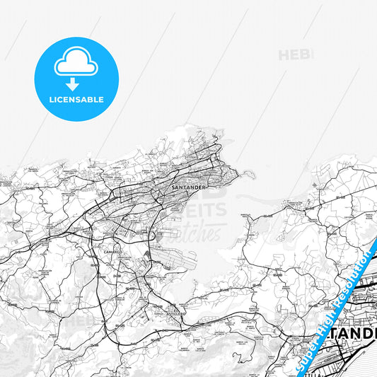 Santander, Spain light map with streetnames, citynames and districts