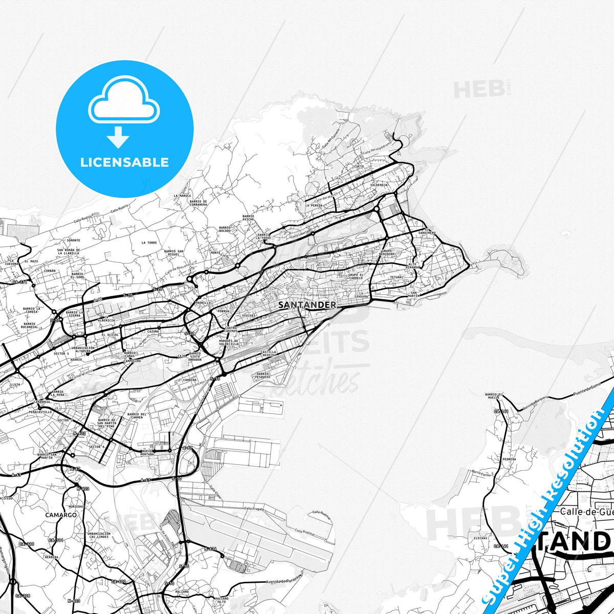 Santander, Spain Light Map with Street Names, City Names, and Districts
