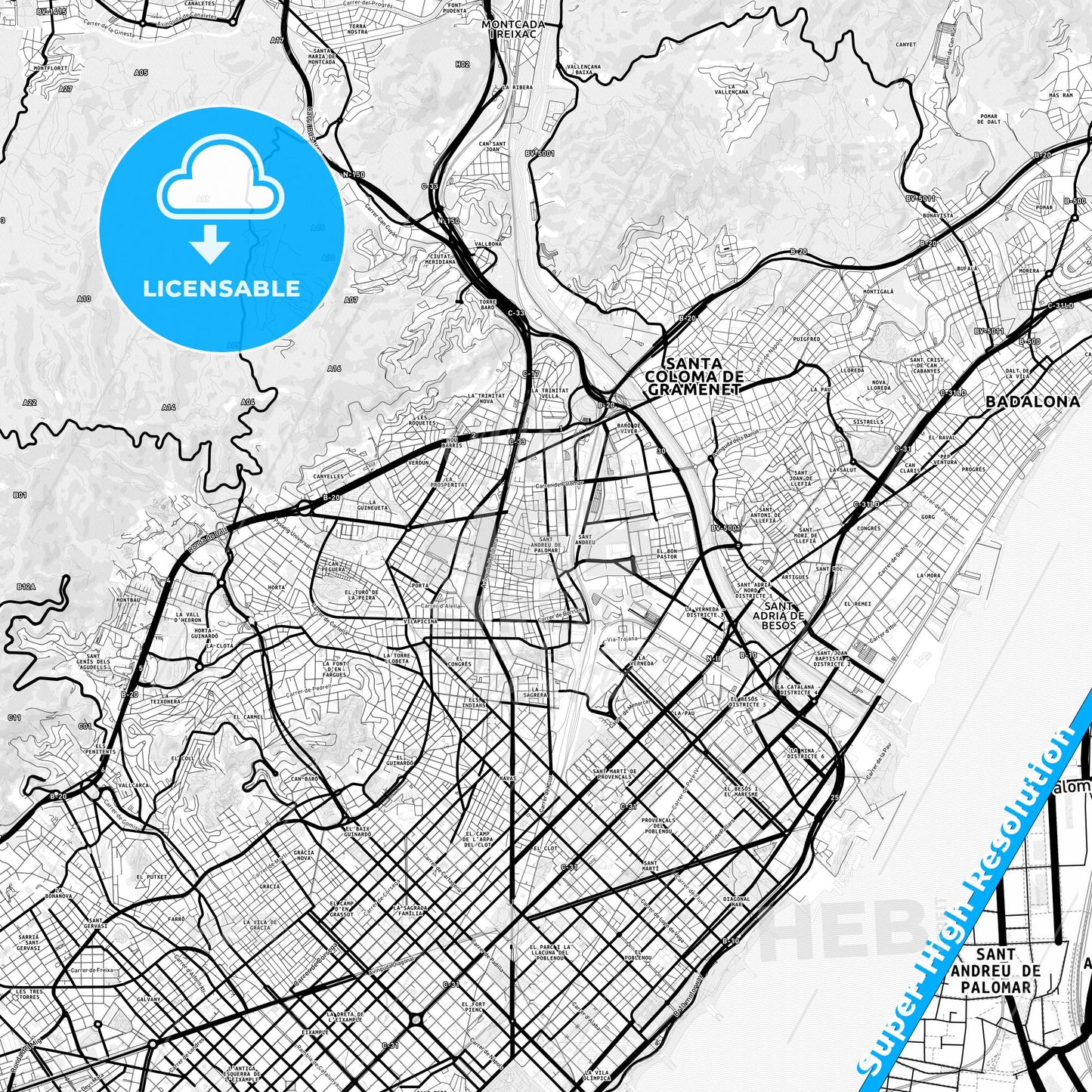 Sant Andreu de Palomar, Spain Light Map with Street Names, City Names, and Districts