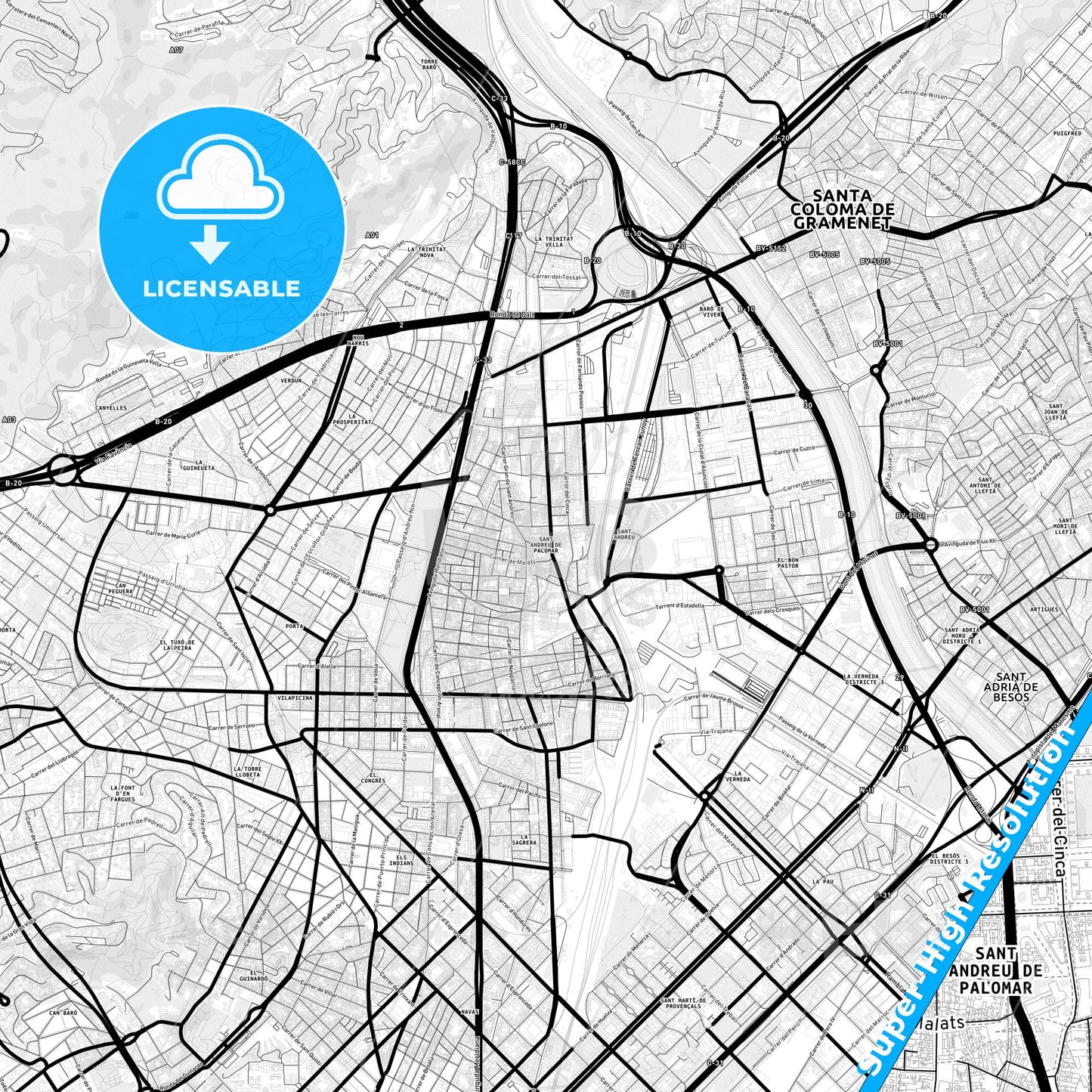 Sant Andreu de Palomar, Spain Light Map with Street Names, City Names, and Districts