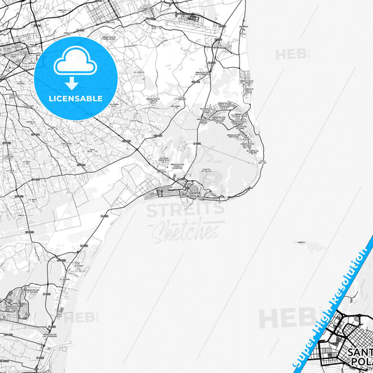 Santa Pola, Spain light map with streetnames, citynames and districts