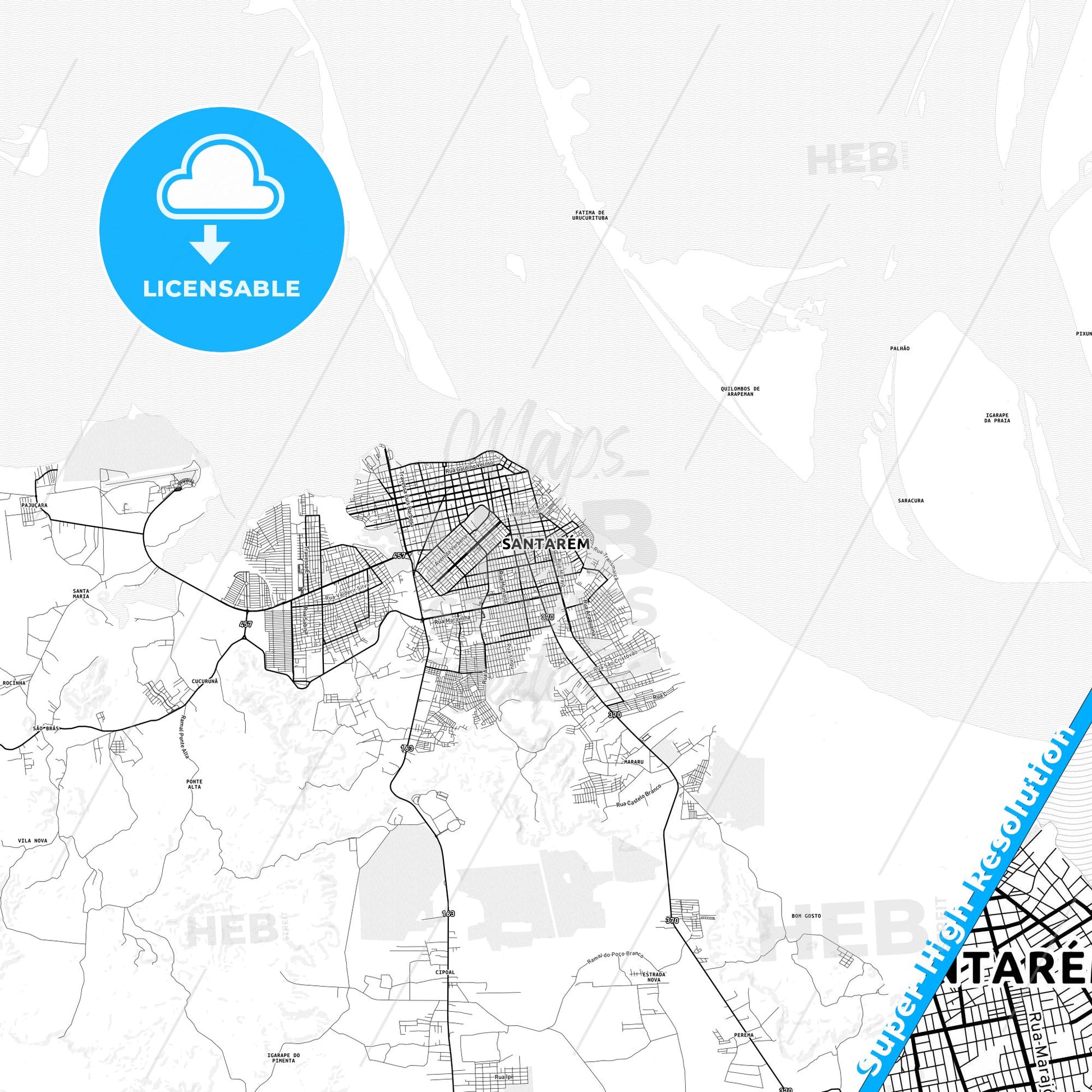 Santarem, Brazil light map with streetnames, citynames and districts