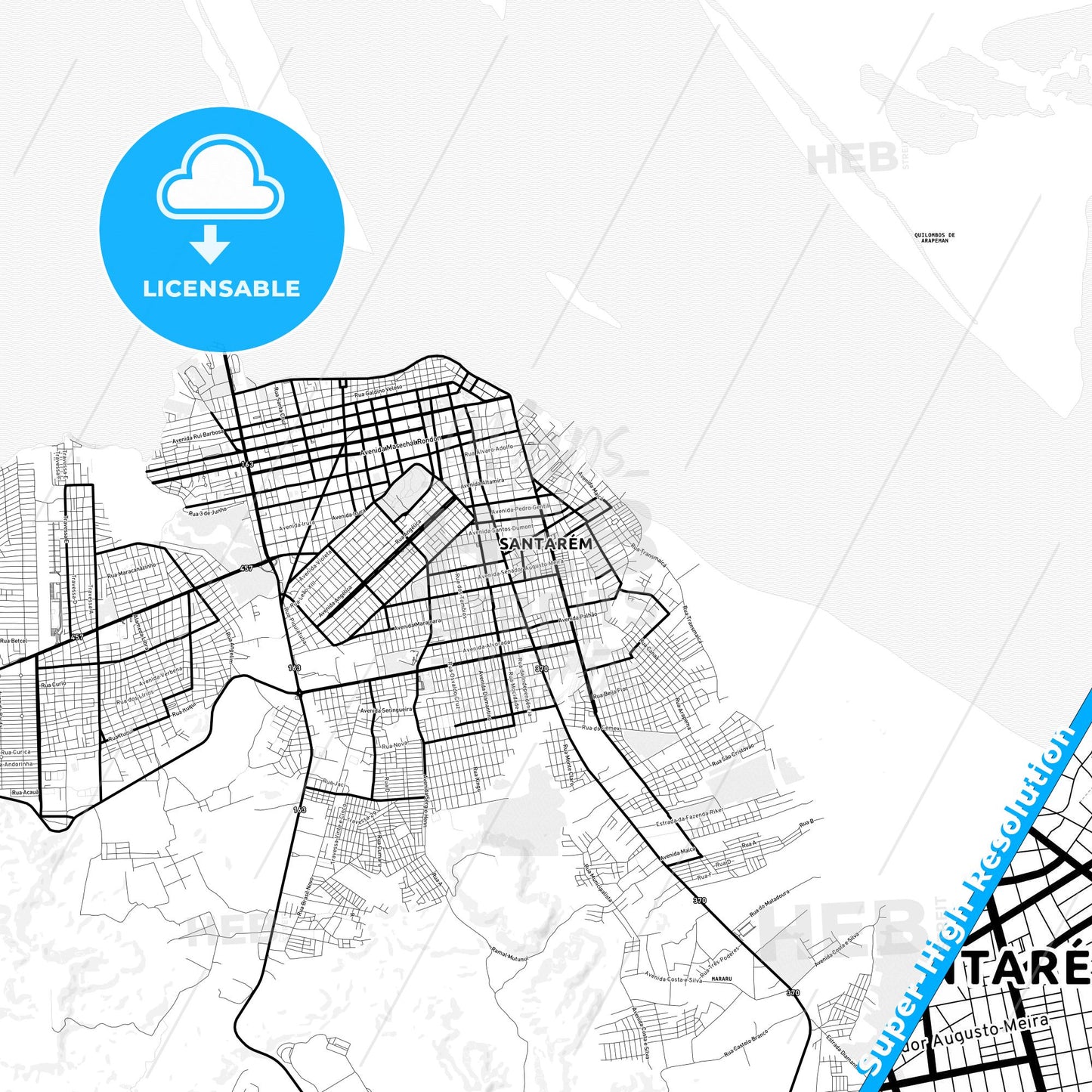 Santarem, Brazil Light Map with Street Names, City Names, and Districts