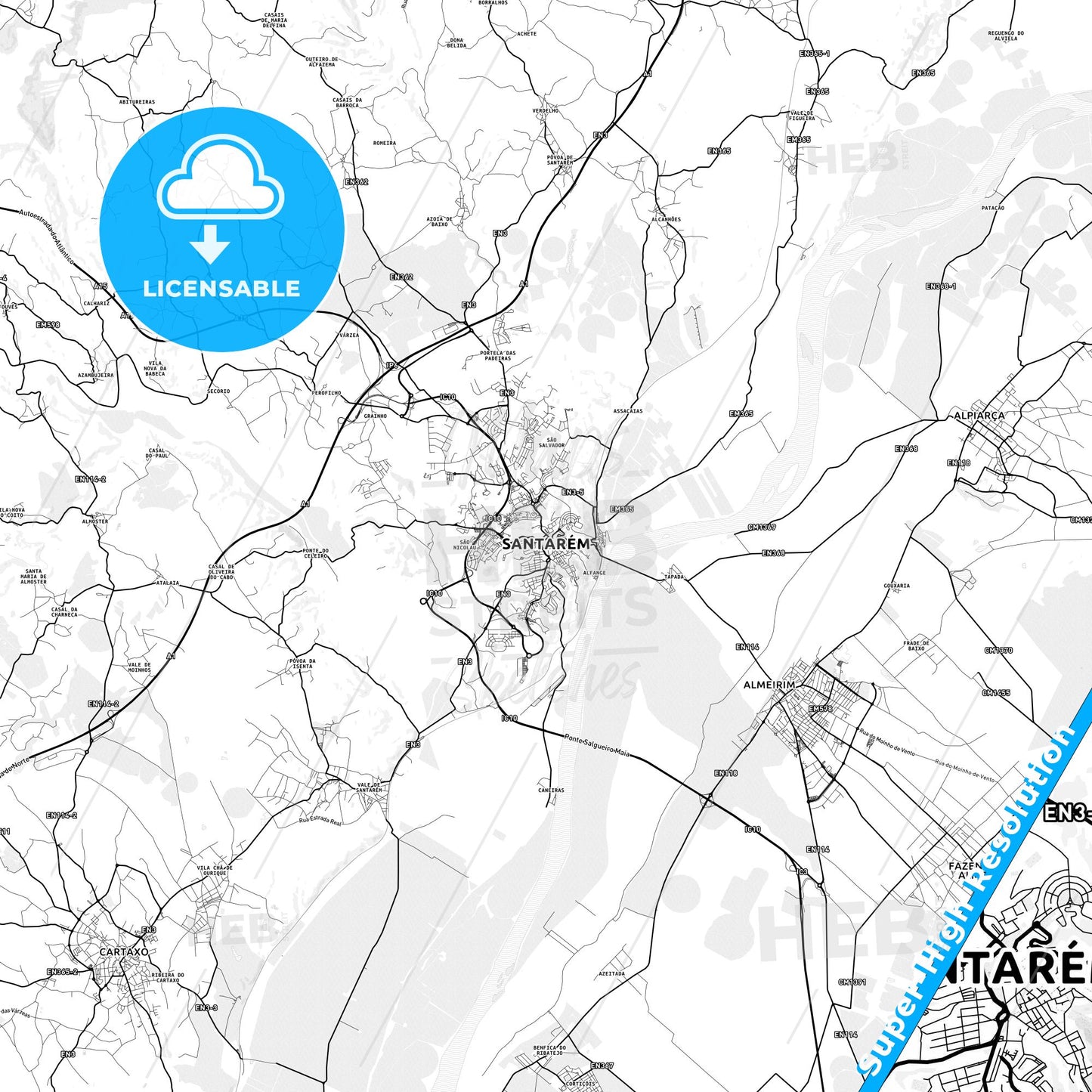 Santarém, Portugal light map with streetnames, citynames and districts
