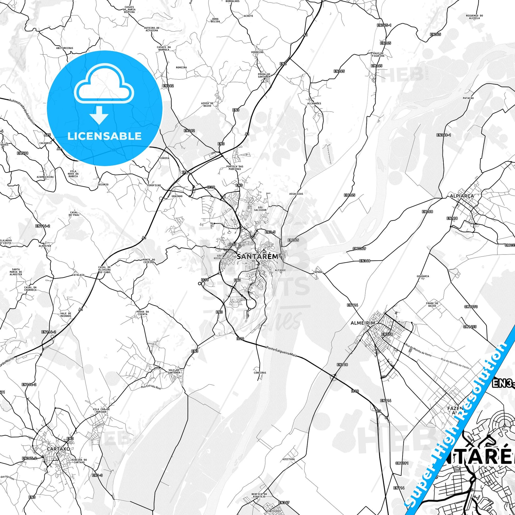 Santarém, Portugal light map with streetnames, citynames and districts
