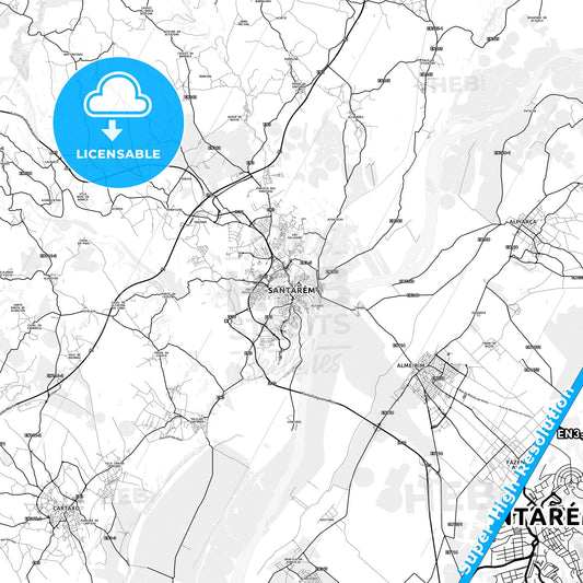Santarém, Portugal light map with streetnames, citynames and districts